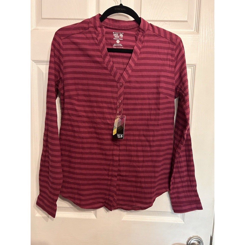 NWT mountain hardwear daralake gauze long sleeve size 8 striped maroon V-Neck‎